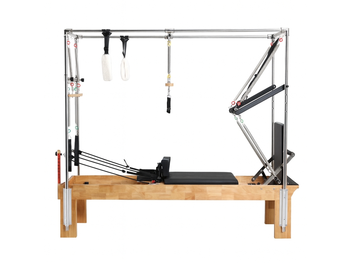 Cadillac Pilates Cuore Pilates: Estructura robusta de madera maciza, acolchado de EVA de alta densidad y tapizado negro lavable.