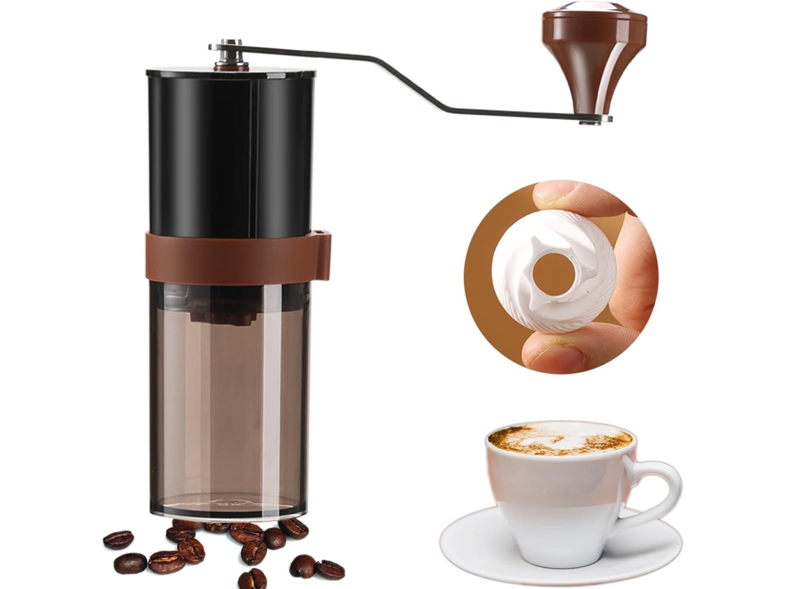 Molinillo de café manual portátil, marrón, disco de molienda de cerámica, grano ajustable, apto para diversas situaciones. Sfushos