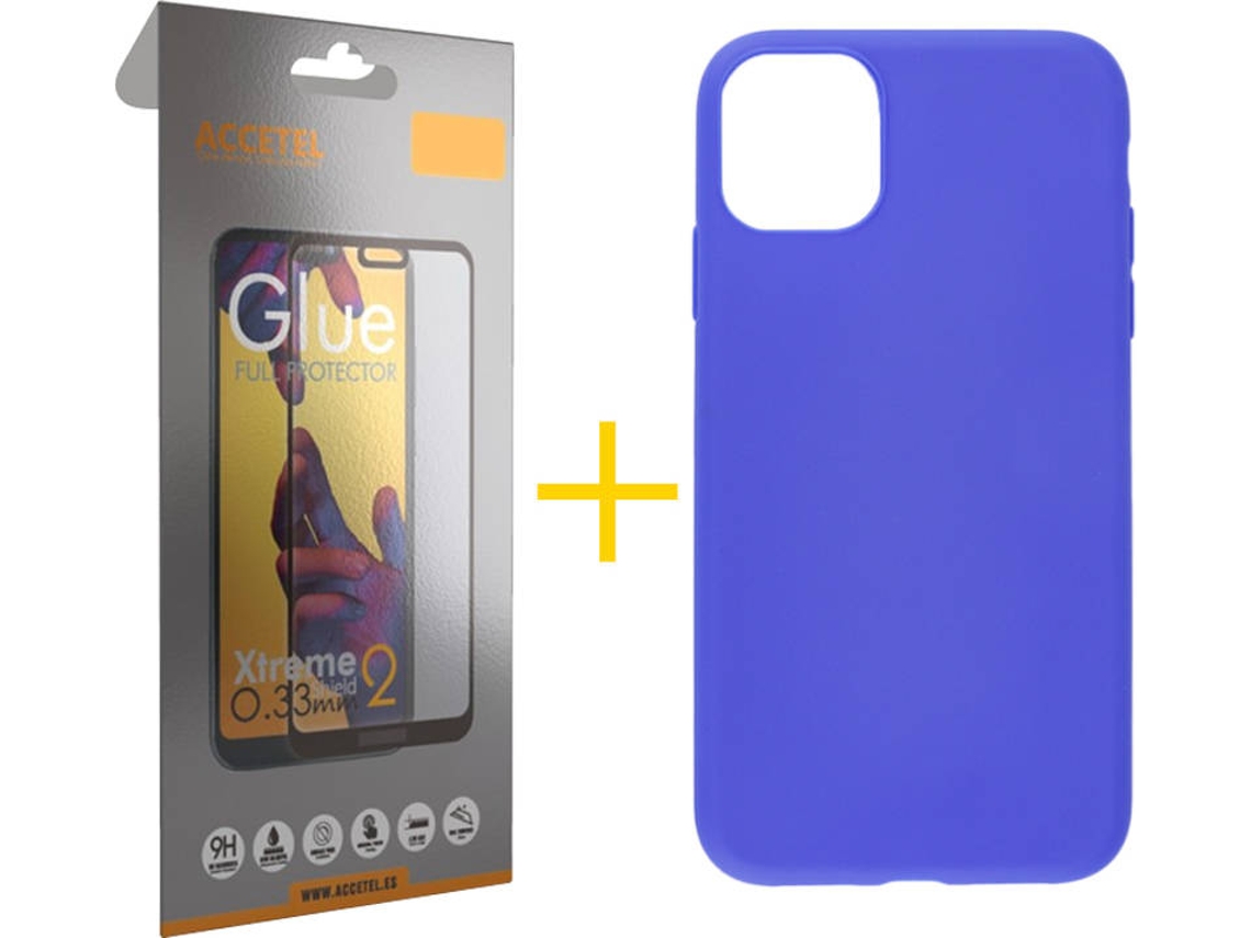 Kit Carcasa y Protector de Cristal Full iPhone 11 Pro Skyhe Silicone Azul