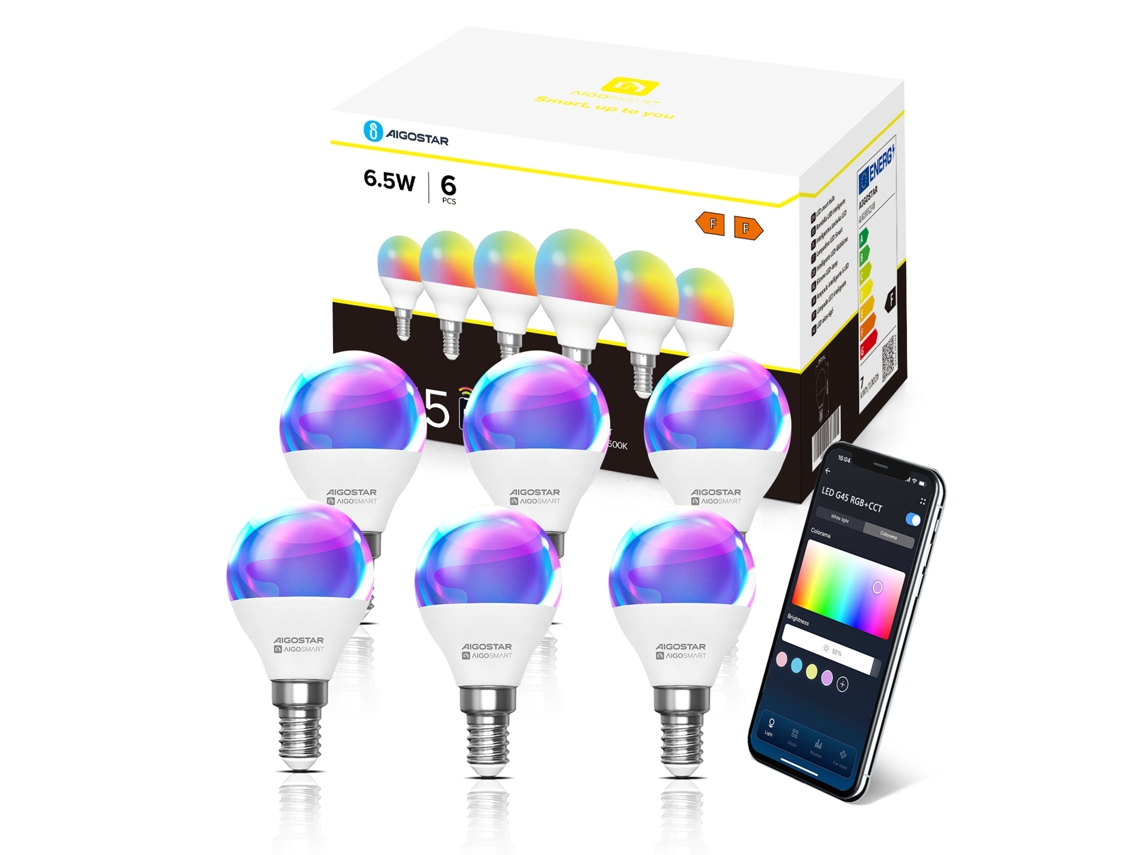 Bombilla inteligente G45 E14 6,5 W RGB 2700 K 6500 K, control remoto, compatible con Alexa/Google Home Aigostar