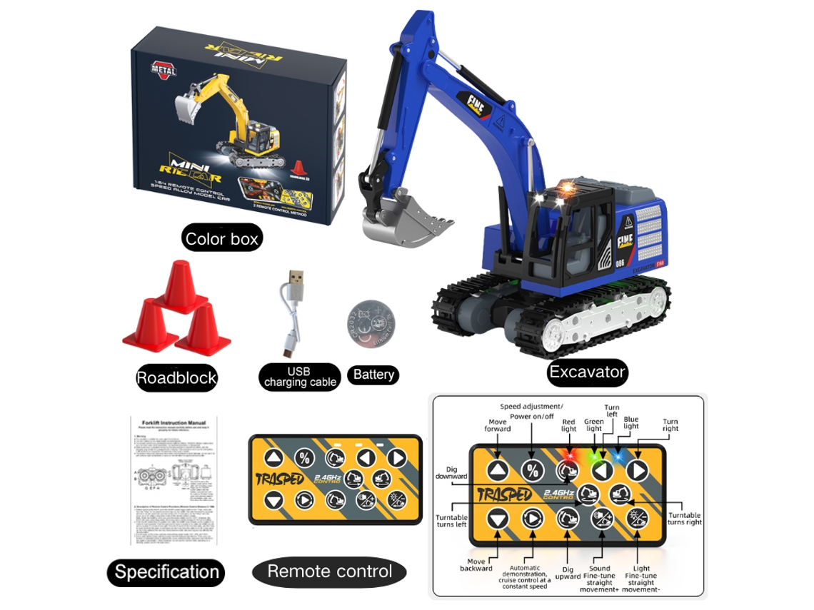 Miniexcavadora 1:64, carrocería metálica, con efectos de sonido y luz, altura ajustable MDUG (azul oscuro)