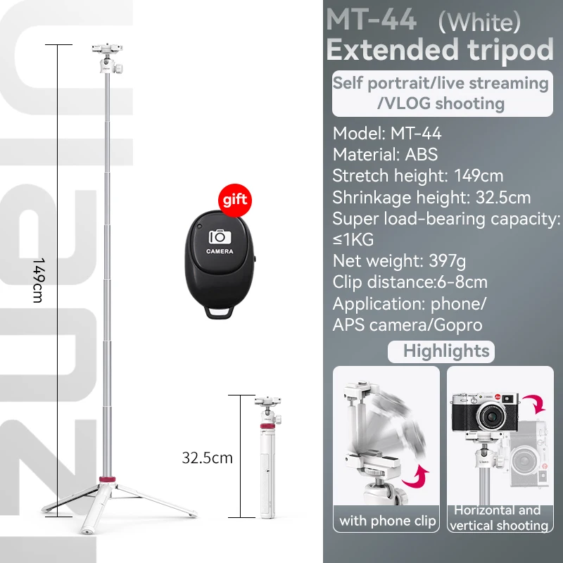 Trípode extensible para transmisión en vivo MT-44, 106,7 cm, con soporte para teléfono móvil, grabación vertical, Bluetooth, blanco