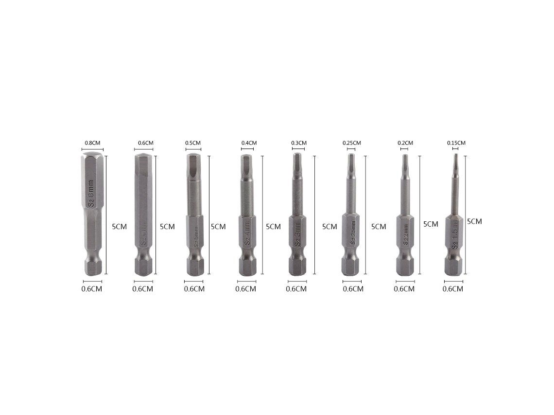 8 Puntas Magnéticas Hexagonales Para Tornillos S2 De 50 Mm (1/4 De Pulgada) H1.5-h8