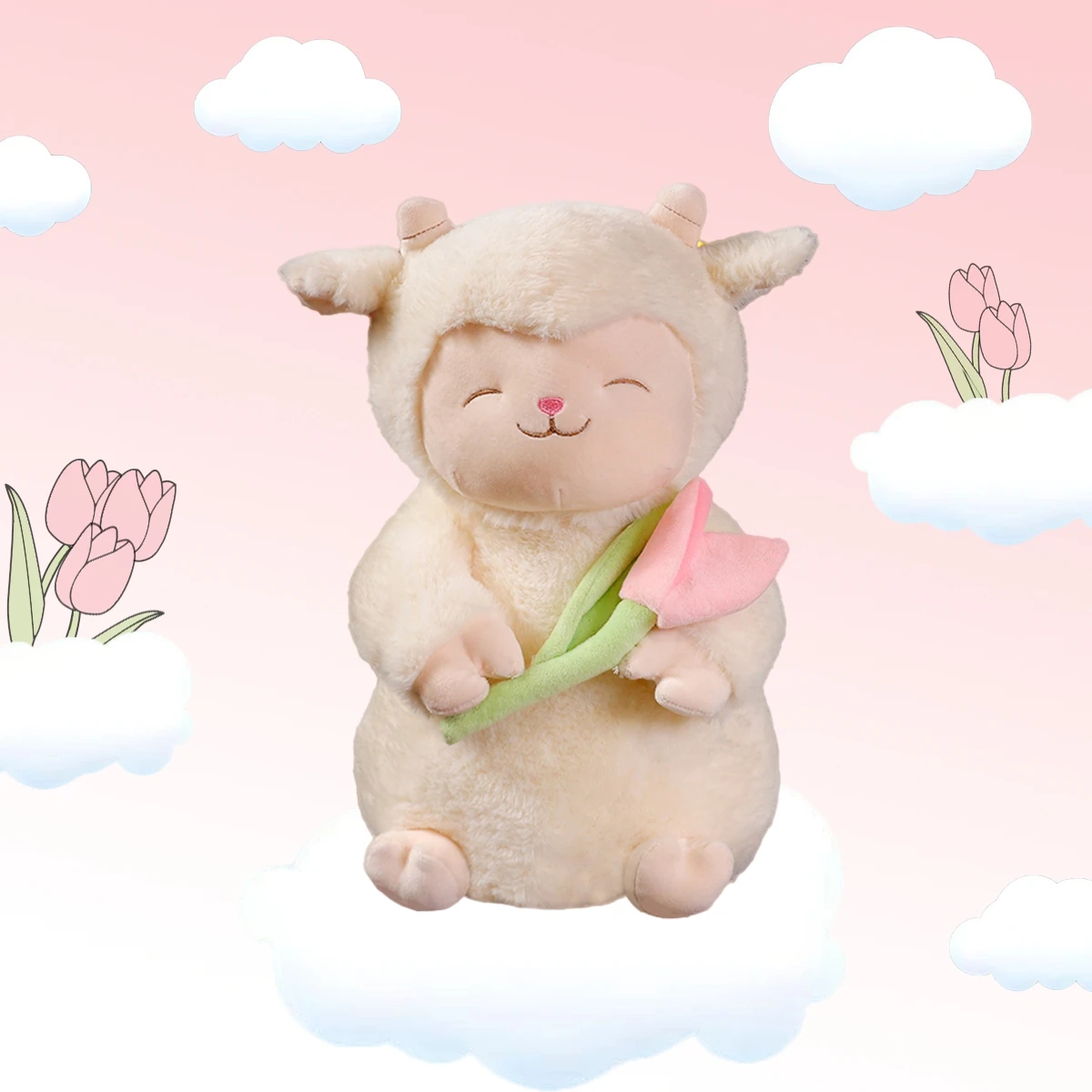Lindo y adorable corderito blanco sosteniendo un tulipán de peluche. MDUG (Cordero Tulipán 25cm)