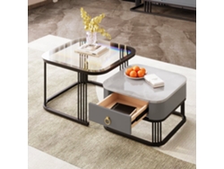 Mesa De Centro Apilable - 2 Piezas - Alta Gloss Con Diseño De Mármol Y Vidrio, Patas Negras, Con Cajones