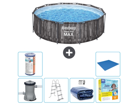 Piscina BESTWAY Round Steel Pro MAX - Impresión en madera - 366 x 100 cm - Bomba incluida - Escalera Accesorios CB25