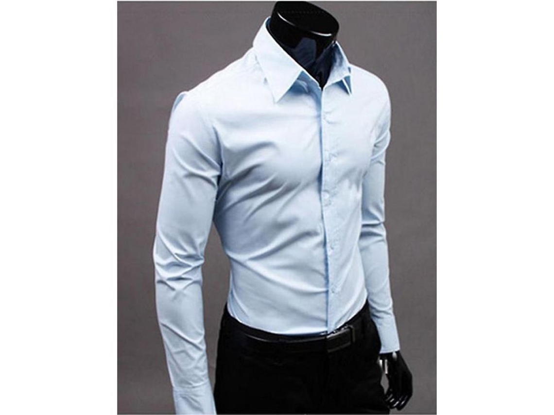 2026-camisas Para Hombre De Lujo Slim Fit Cuello Redondo Manga Larga De Algodón Mezclado Casual Formal L Azul Claro