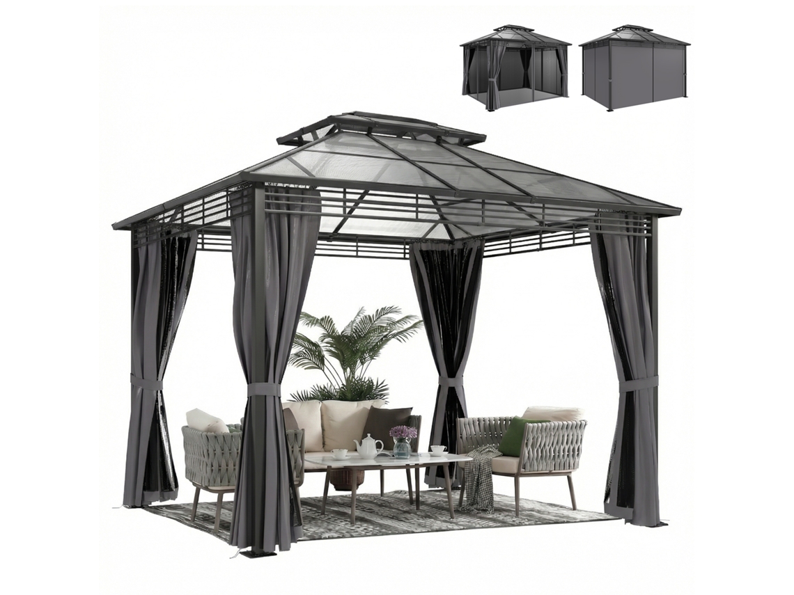 Gazebo Jardim Alumínio Aprox 3,6x3cm Chapa Policarbonato 6mm Mosquiteiro 4 Painéis Cinza Escuro