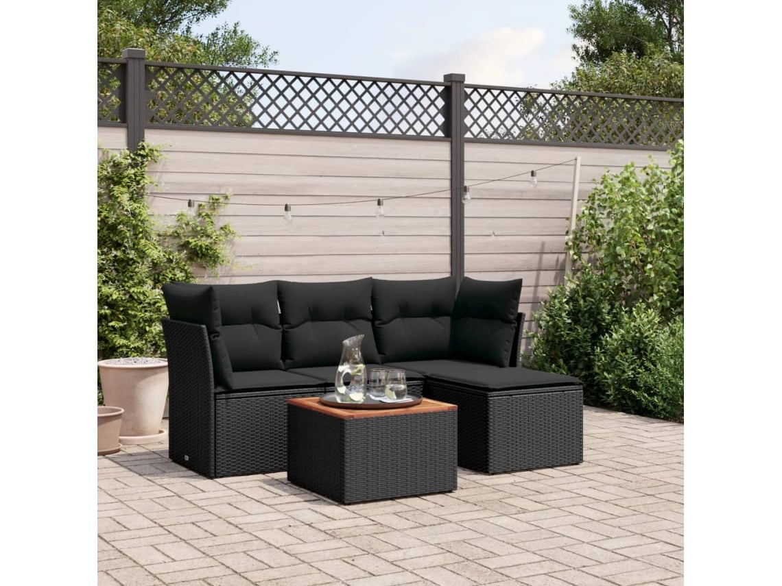 Conjunto de sofá de jardín de 5 piezas con cojines de mimbre sintético negro, Dkd Home Decor