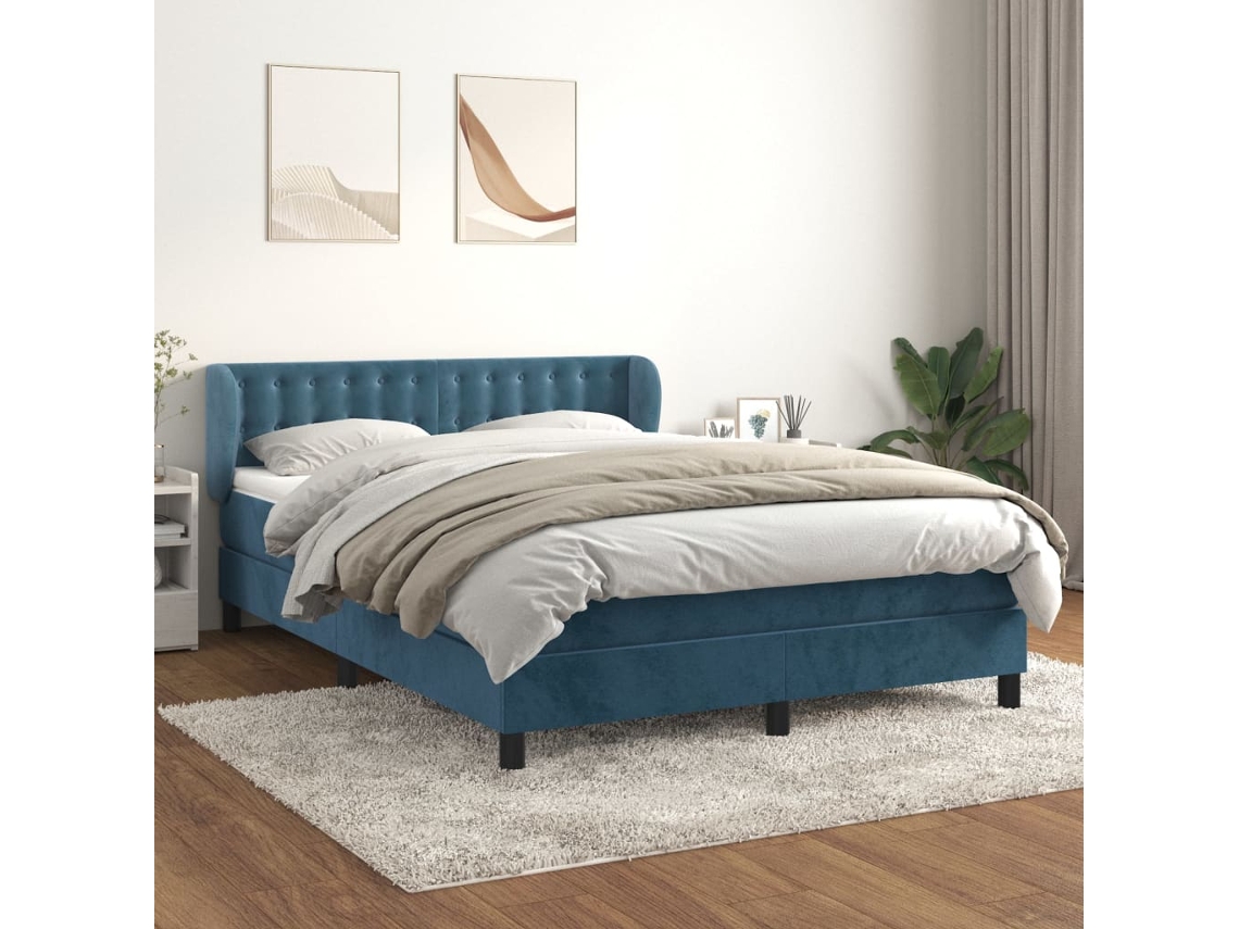 Cama Box Spring Con Colchón Terciopelo Azul Oscuro 140x200 Cm