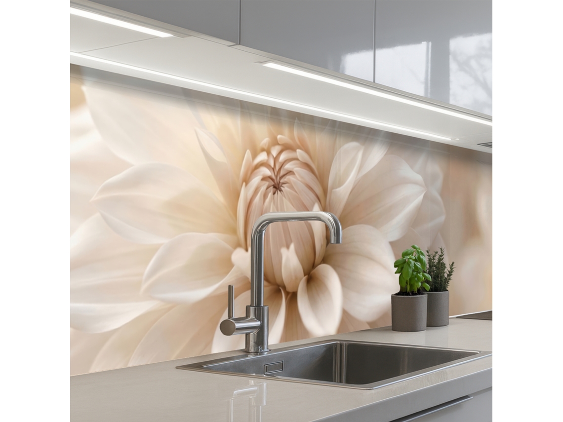 Paneles para salpicadero de cocina con diseño floral de dalia, color blanco, 400x80 cm.