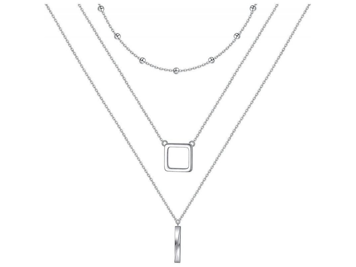 2026-collares De Plata Esterlina S925 De Tres Capas Con Extensor Para Mujer Estilo Geométrico Bar Square