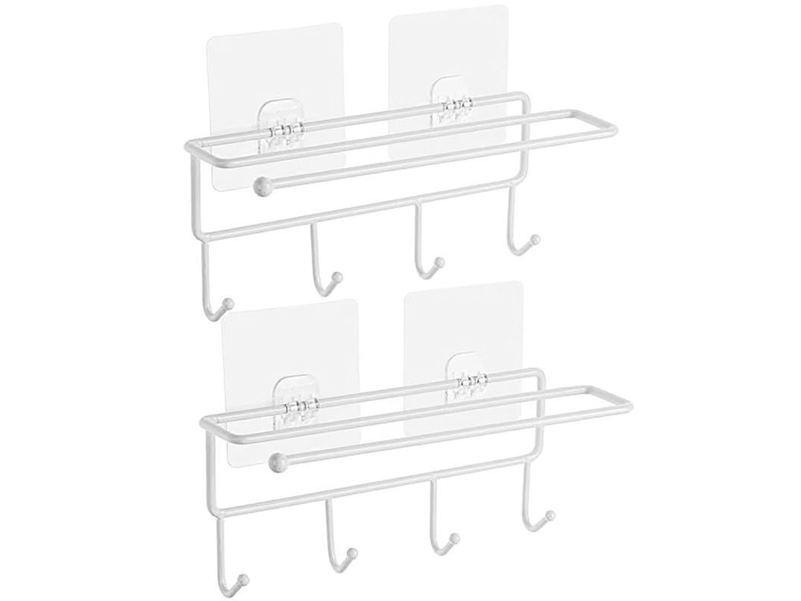 2026-45355-rack De Utensilios De Cocina Linjou, Soporte De Pared Sin Taladrar Con 4 Ganchos Y Barra, 2 Piezas Blanco