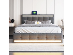 Cama Tapizada 140x200 Cm - Cama Con Led, 4 Cajones Y 2 Puertos Usb, Estructura Con Cabecero Y Pie Led, Plataforma Con Almacenamiento - Gris