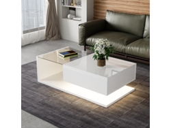Mesa de centro blanca con acabado brillante. Mesas auxiliares y de centro con tableros de cristal e iluminación LED.