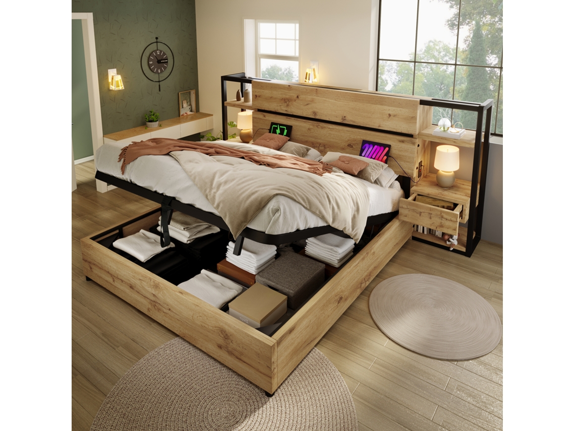 Cama De Madera 180x200 Cm - Cama Hidráulica, Cabecero, Almacenamiento, Puerto Usb Y Type-c, Estructura De Madera, Roble (sin Colchón)