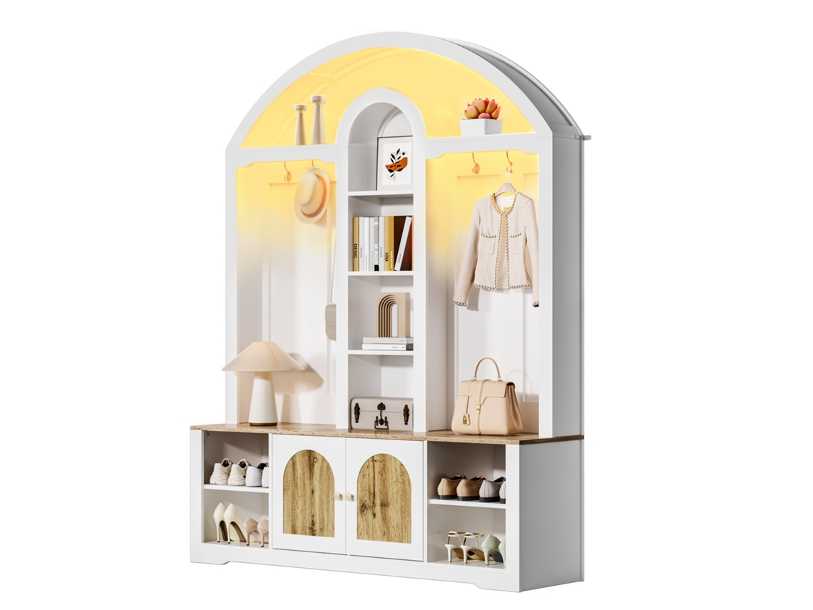 Mueble de entrada multifuncional con zapatero, estantes y ganchos, blanco, 100 x 50 cm, MOBRIO