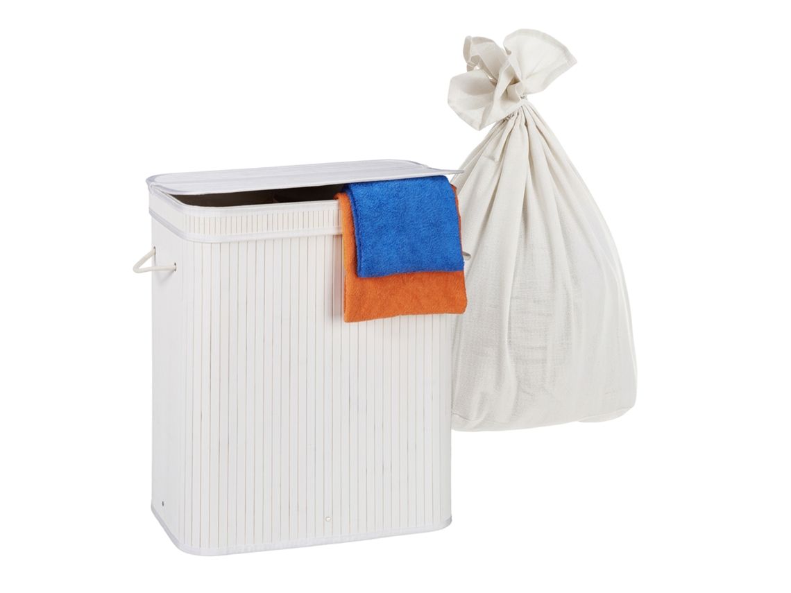 Relaxdays Cesto De Roupa Com Tampa, 3 Divisões, Bambu, 105 L, Dobrável, 63×52×32 Cm, Sistema De Separação, Branco