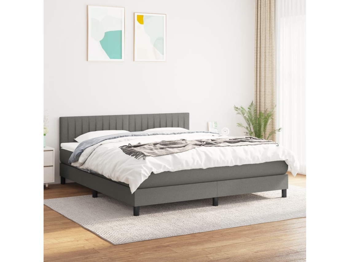 Cama Box Spring Con Colchón Tela Gris Oscuro 160x200 Cm