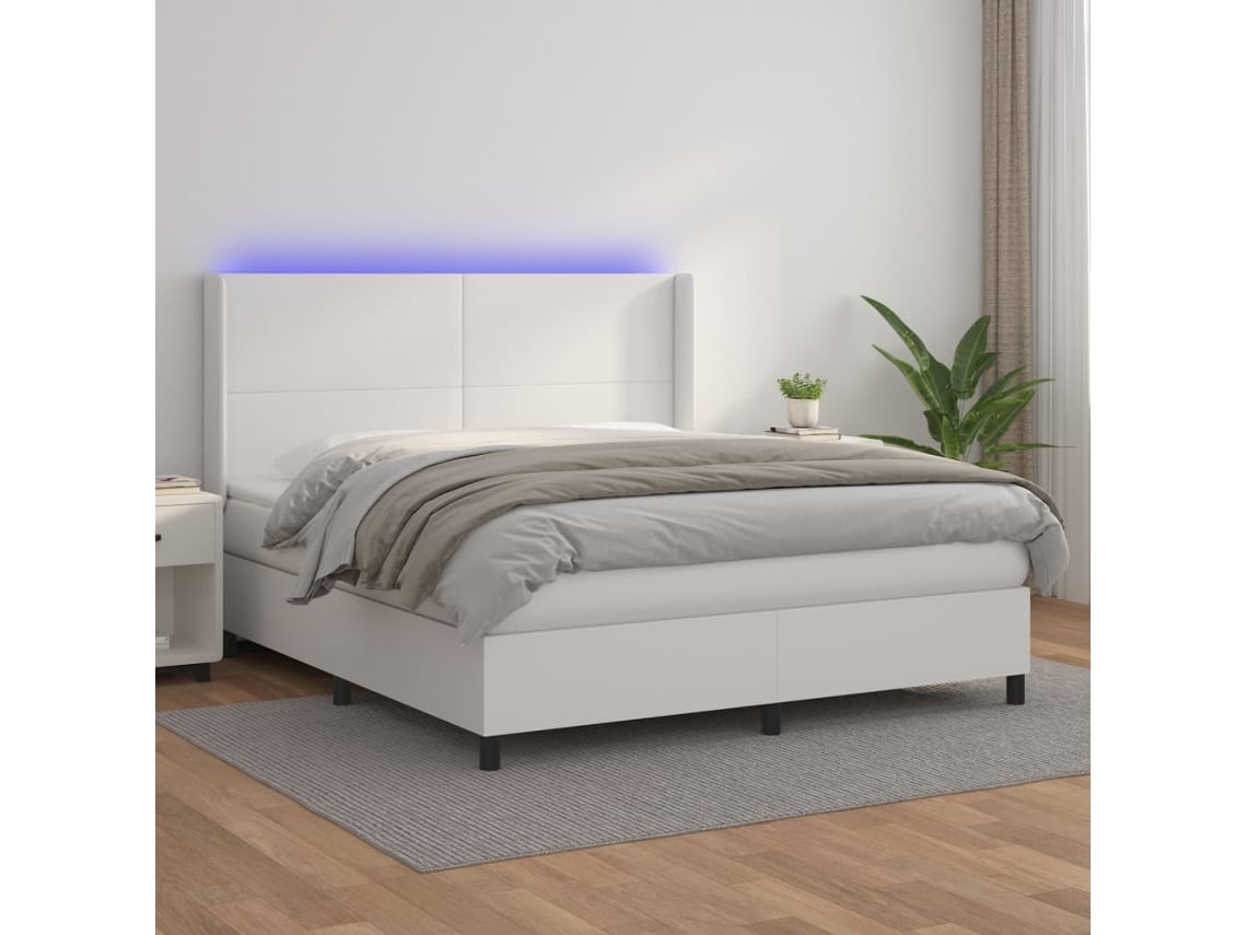 Cama Box Spring Colchón Y Led Cuero Sintético Blanco 160x200 Cm