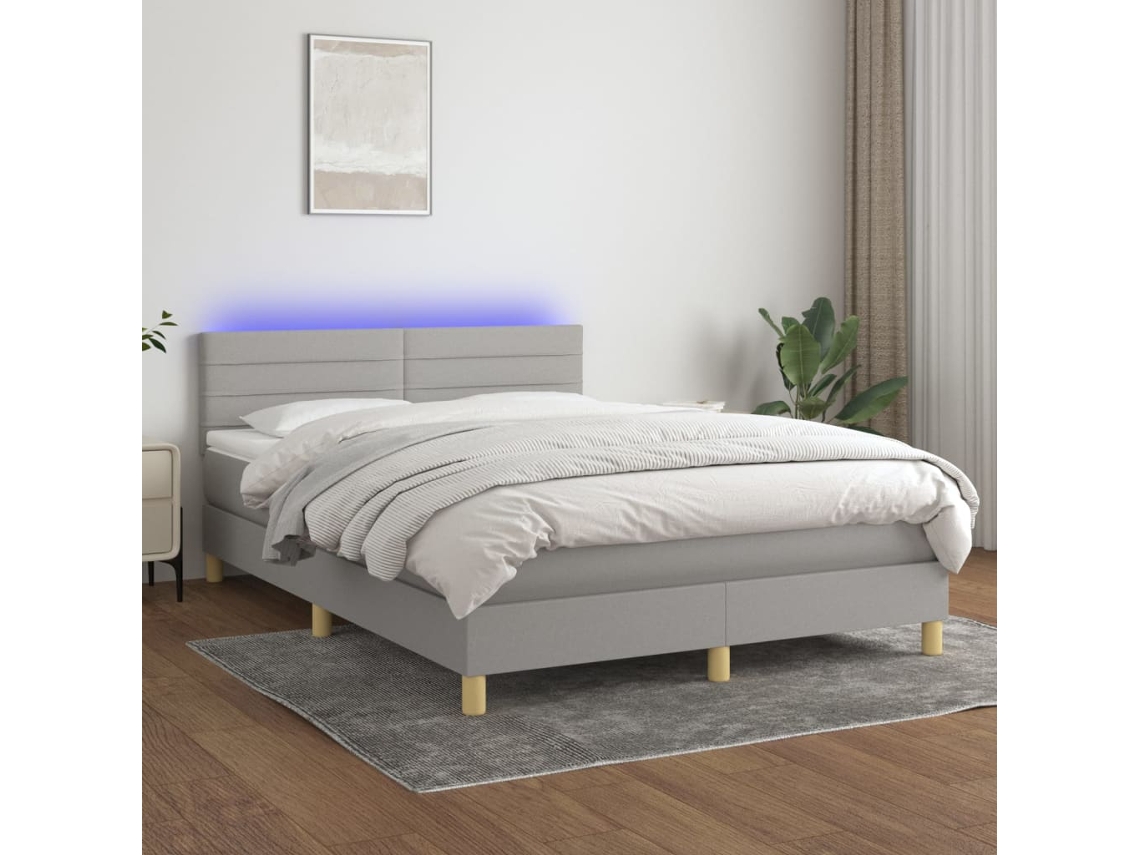 Cama Box Spring Colchón Y Luces Led Tela Gris Claro 140x190 Cm