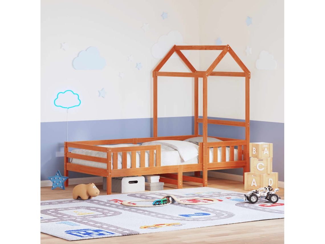 Estructura Cama Con Techo Madera Maciza Pino Marrón 90x190 Cm
