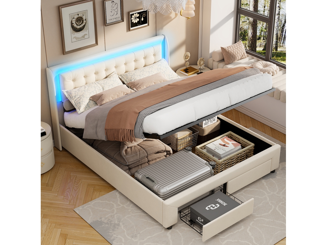 Cama Doble De 180 X 200 Cm, Tapizada Con Led Y 2 Cajones, Con Espacio De Almacenaje Y Somier De Láminas, En Terciopelo, Blanca, Sin Colchón