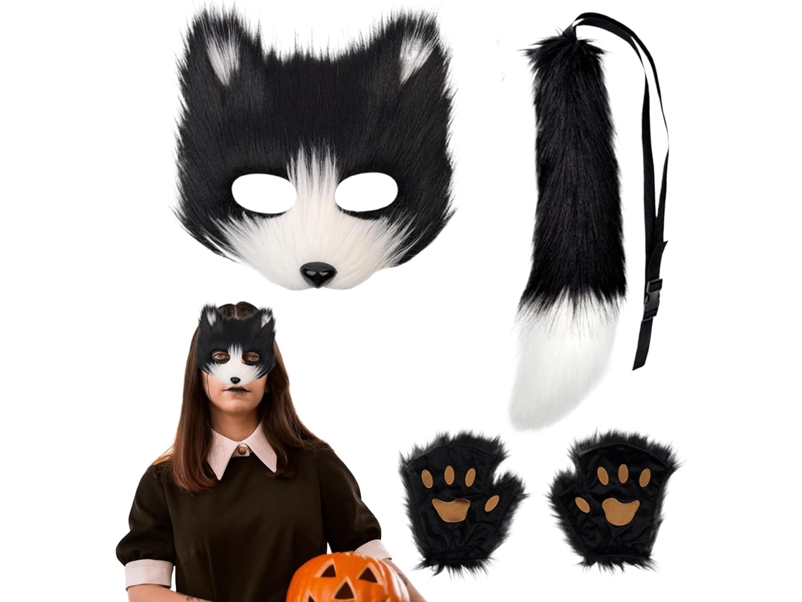 Máscara y cola de zorro, disfraz de Halloween ajustable, kit con cola, guantes, patas y juguete Vayotoy.