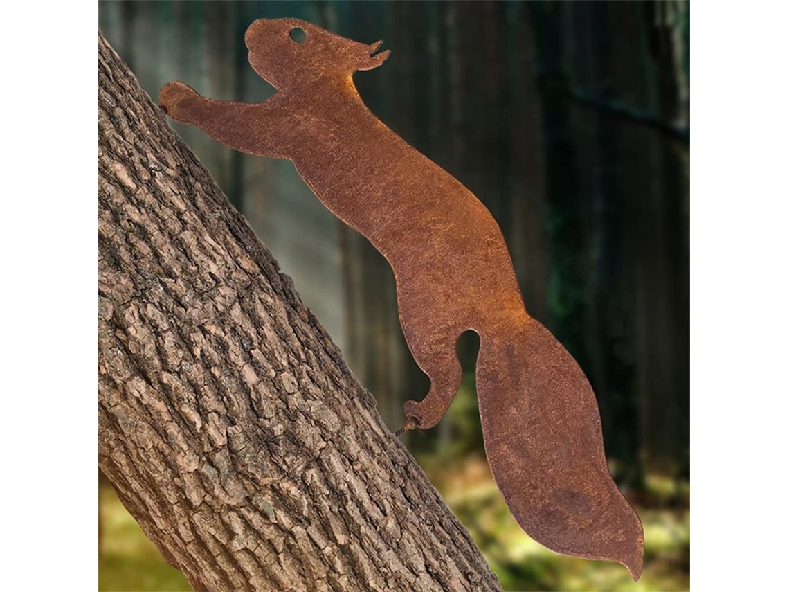 Adorno De Jardín De Ardilla De Metal - 30 Cm - Pátina De Óxido Natural