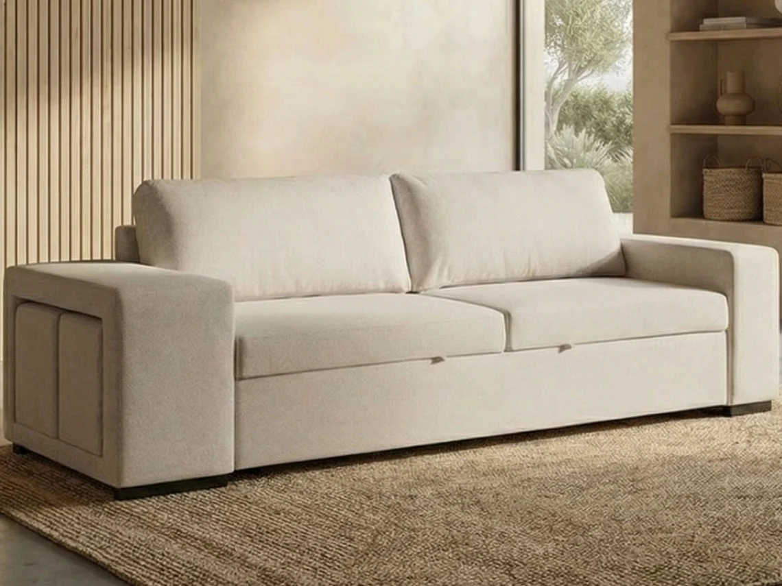Sofá Cama 3 Plazas BUDWING Avery Beige + Chaise Longue + 2 Pufs (248 x 117 x 90 cm - Reversible Lado Derecho/Izquierdo)