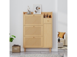 Zapatero de madera y ratán con 3 puertas basculantes y 1 cajón, estante ajustable, estilo natural