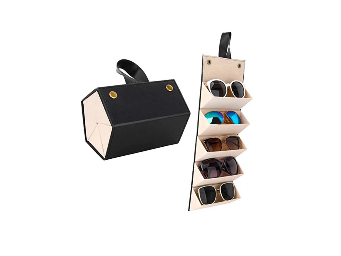 Estuche para gafas de sol con 4 compartimentos, plegable y portátil, de poliuretano negro.