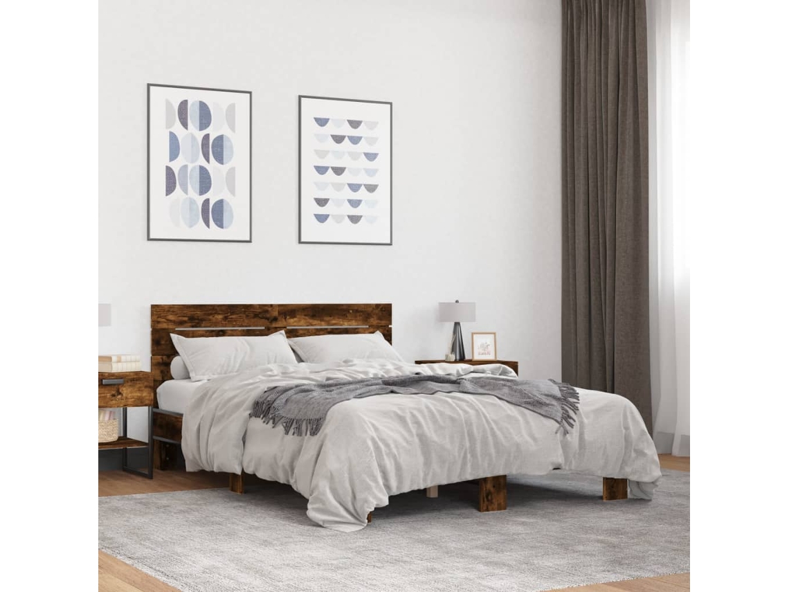 Estructura Cama Madera Ingeniería Metal Roble Ahumado 140x200cm