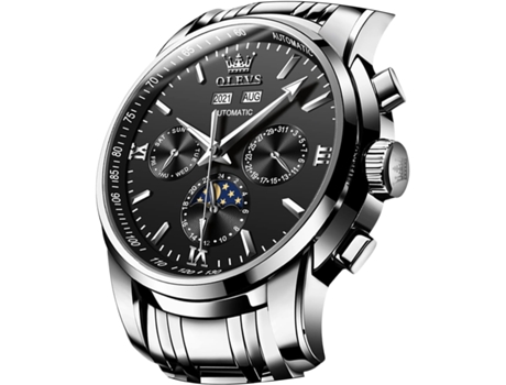 VEANXIN Reloj mecánico automático para hombre sin pilas con correa de acero inoxidable con fase lunar resistente al agua(blanco)