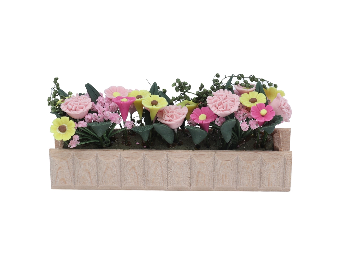 Jardín de flores para casa de muñecas con macetas en miniatura y accesorios.