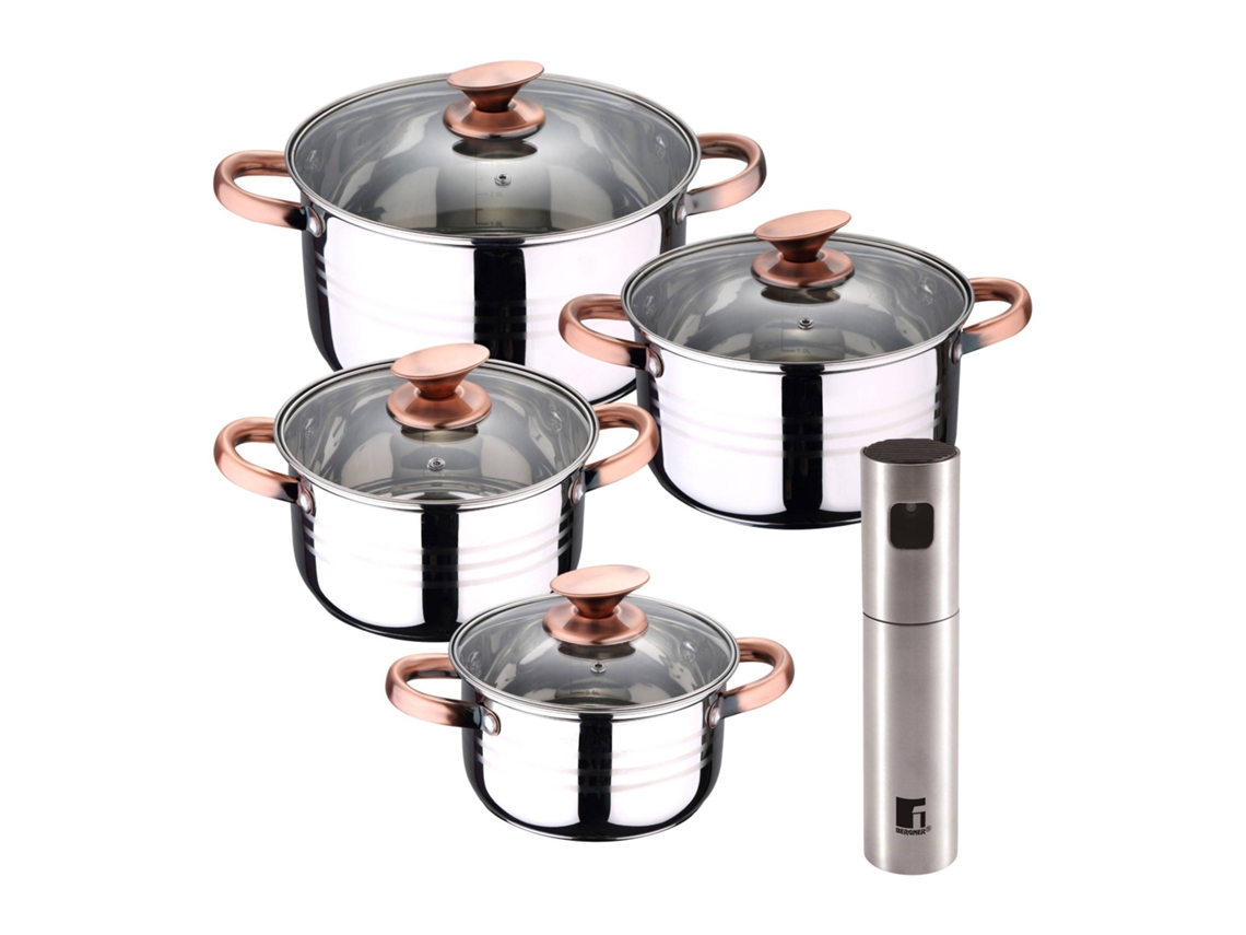 Batería De Cocina Ø16ø18ø20ø24cm De Acero Inoxidable Nona San Ignacio (8 Piezas) Con Pulverizador