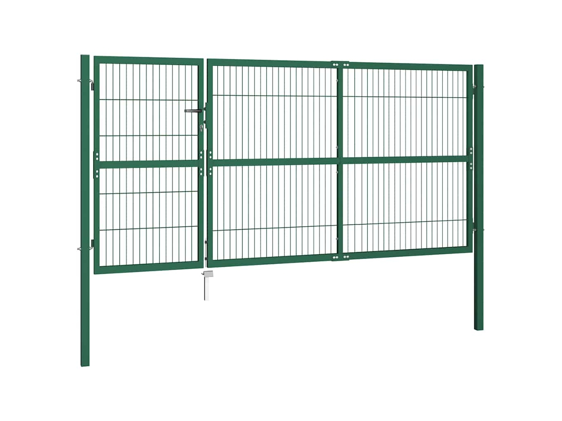 Puerta de jardín con postes de acero verde de 350 x 140 cm. EXCLUSIVA DE LA CASA