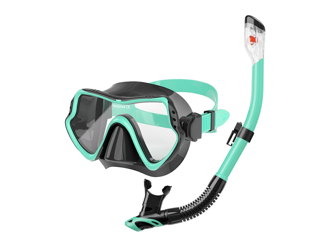 Máscara de buceo Hexinyigjly, con tubo de snorkel, antivaho y a prueba de fugas, color cian.