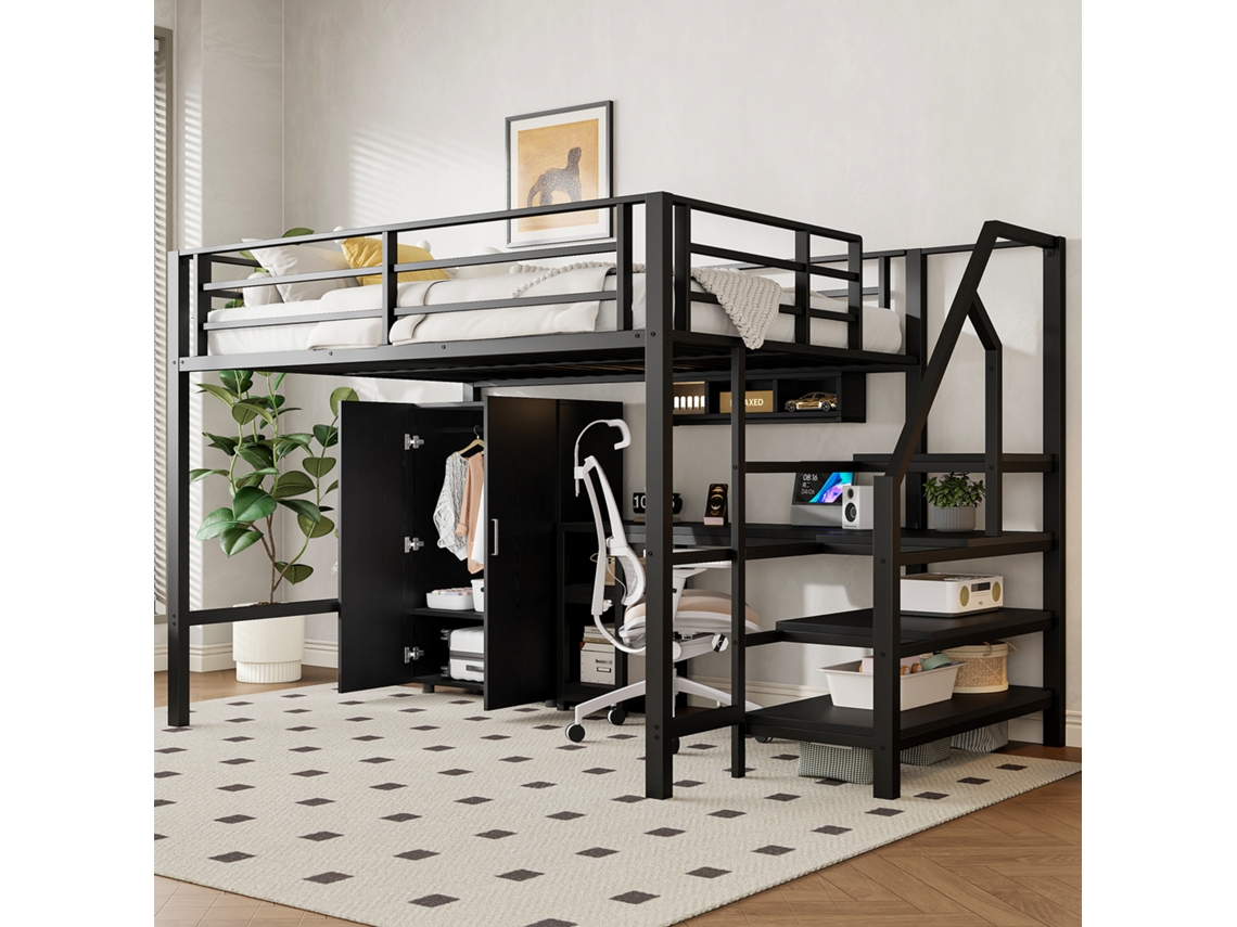 Cama Alta, 140*200cm, Guarda-roupa, Prateleiras, Escada De Arrumação, Secretária, Sem Colchão, Preta