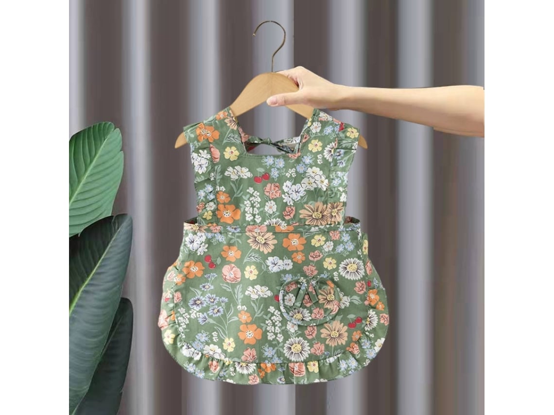 Babadores Infantis Sem Mangas De Verão Floridos Comendo Roupas Reversíveis, Estilo: Flor Verde Tamanho: 100
