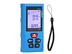 Medidor de distancia láser portátil de alta precisión con detector de luz roja y cordón.