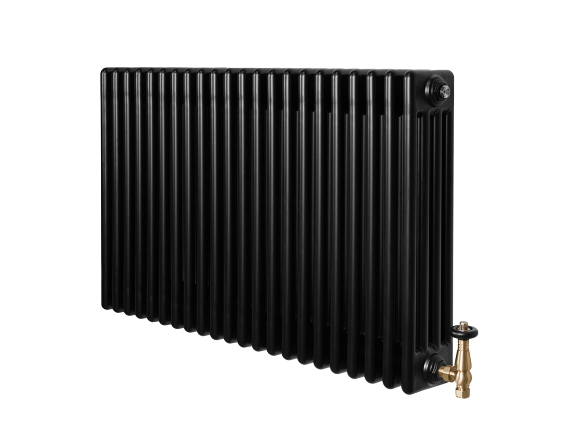Radiador tradicional de 4 columnas, 600x1010 mm, negro, 1280 W + válvulas termostáticas – Acero al carbono, soportes incluidos.