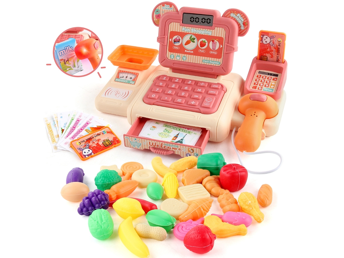 Juega a simular con una caja registradora de juguete. Caja registradora roja + Frutas y verduras CHENNNLS