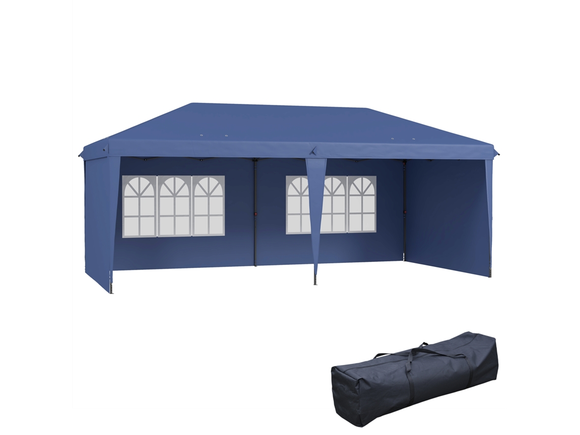 Tienda de campaña desplegable de 6x3 m con laterales y ventanas desmontables, y una bolsa de transporte azul.