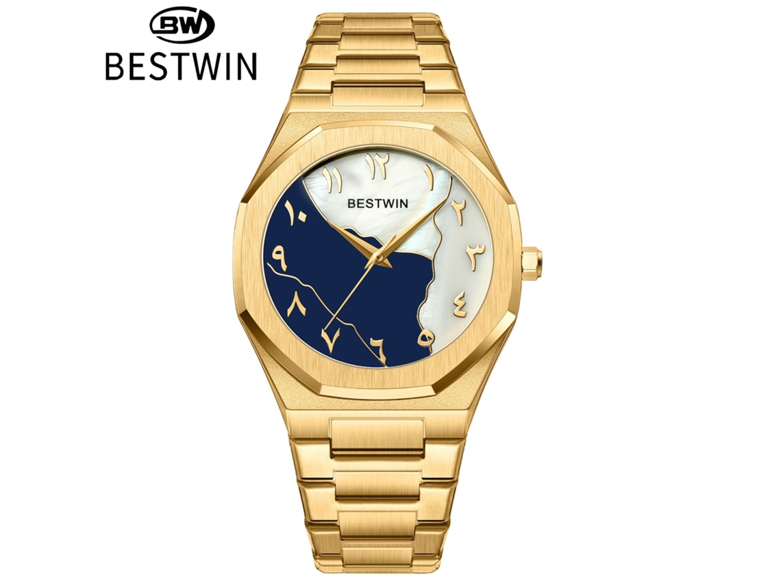 Reloj De Hombre (dorado Y Azul) Con Esfera De Concha