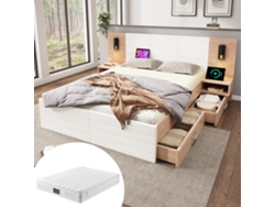 Cama 140x200 Cm Con Colchón, Cajones, Luces De Lectura Y Usb, Moderna Blanca Y Roble