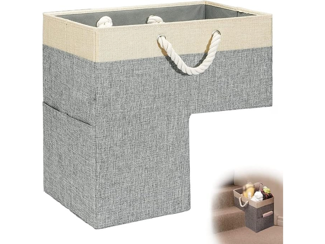 Cesta plegable con caja y asa de cuero, escaleras de madera - Cesta plegable con caja y asa de cuero