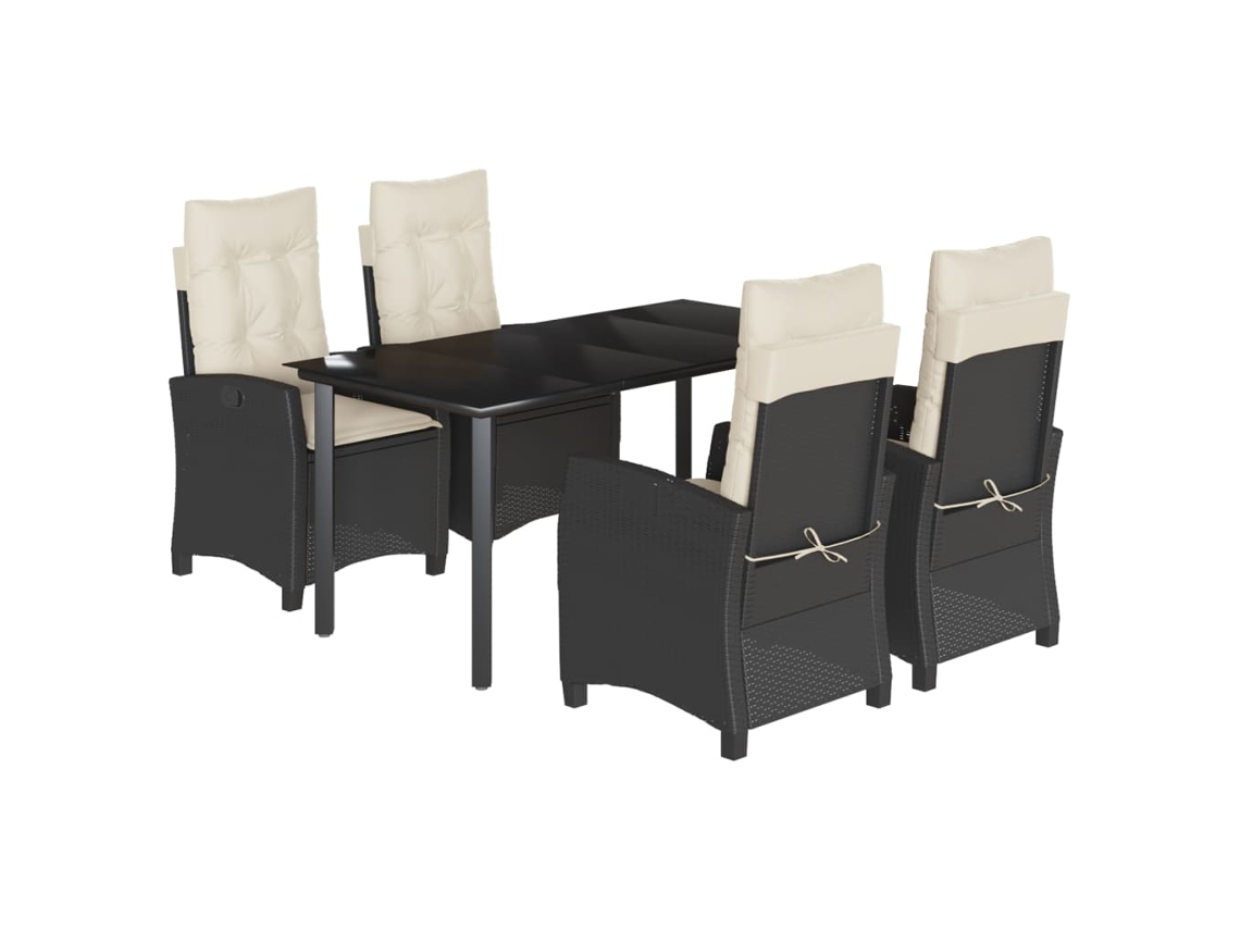 Juego de 5 piezas de comedor de jardín con cojines de mimbre, color negro, EXCLUSIVA DE LA CASA