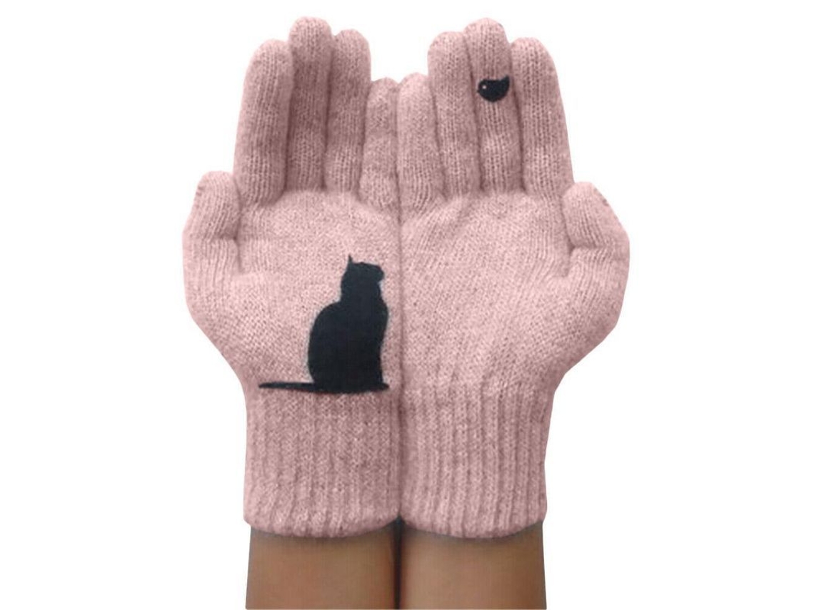 2026-guantes De Invierno Para Amantes De Gatos Con Estampado De Gatitos Y Pájaros Rosados Lindos Mitones Vmg Rosado