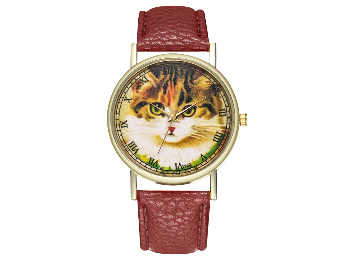Reloj De Pulsera De Piel Sintética Para Hombre/mujer Con Estampado De Gato, Diseño De Cuarzo (color Café).